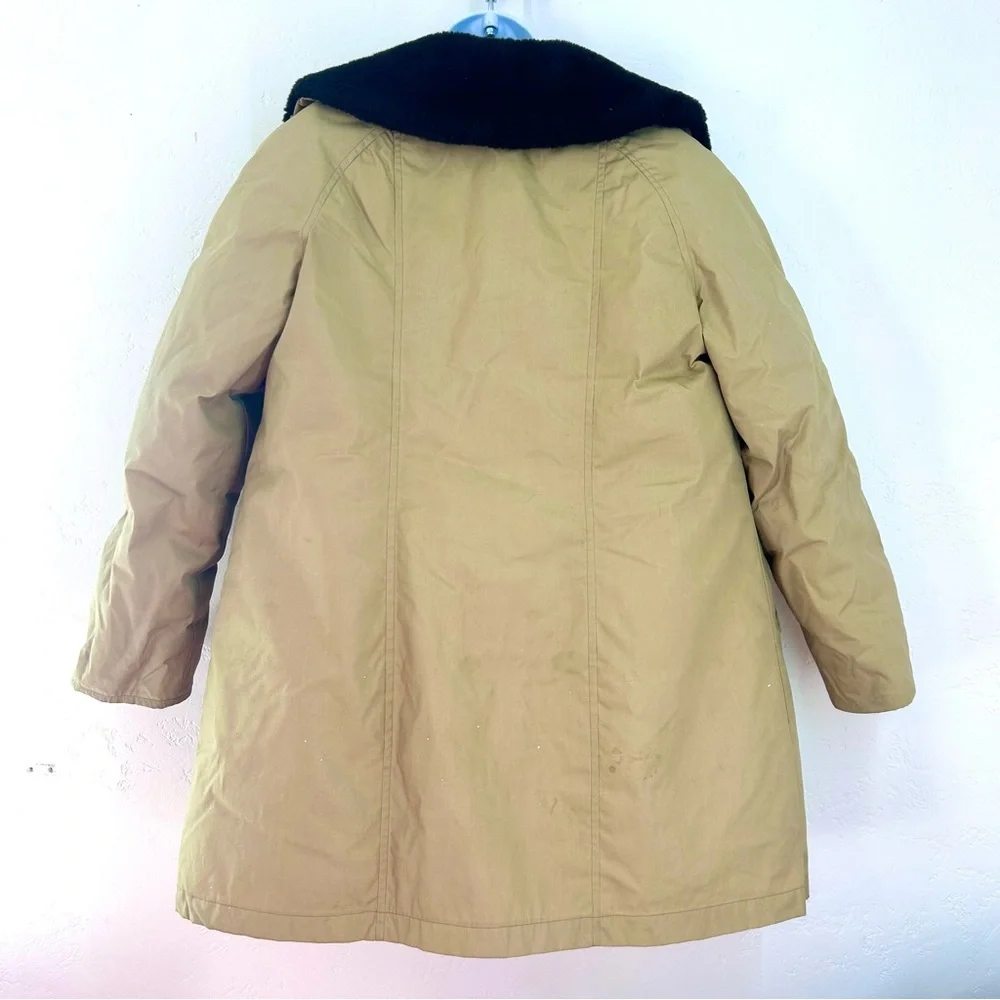 Eddie Bauer Vtg Goose Down Tan Double-Breasted Coat Faux Fur Collar Womens L USA